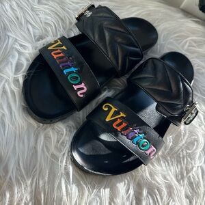 Black Louis Vuitton Slide Sandals with Multicolor Logo